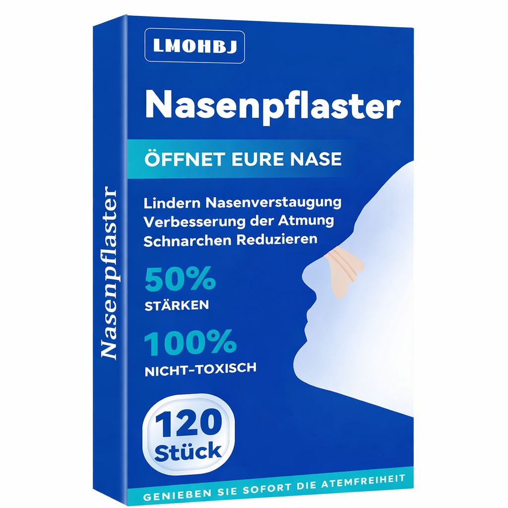 Blaue Schachtel mit Nasenpflastern. Text: LMOHBJ Nasenpflaster, öffnet Ihre Nase, 120 Stück, nicht toxisch.