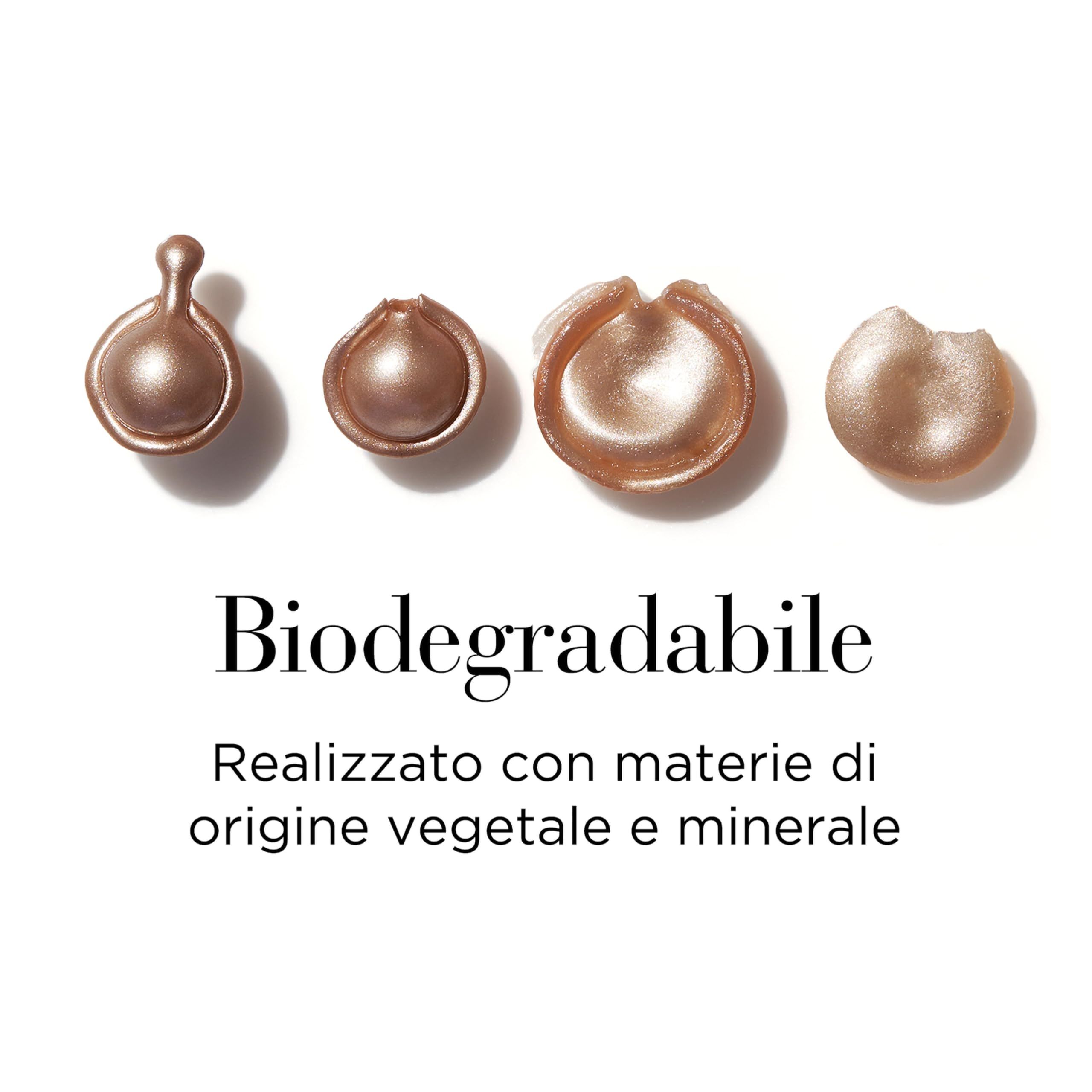 Vier Serumkapseln. Text: Biodegradabile, Realizzato con materie di origine vegetale e minerale.