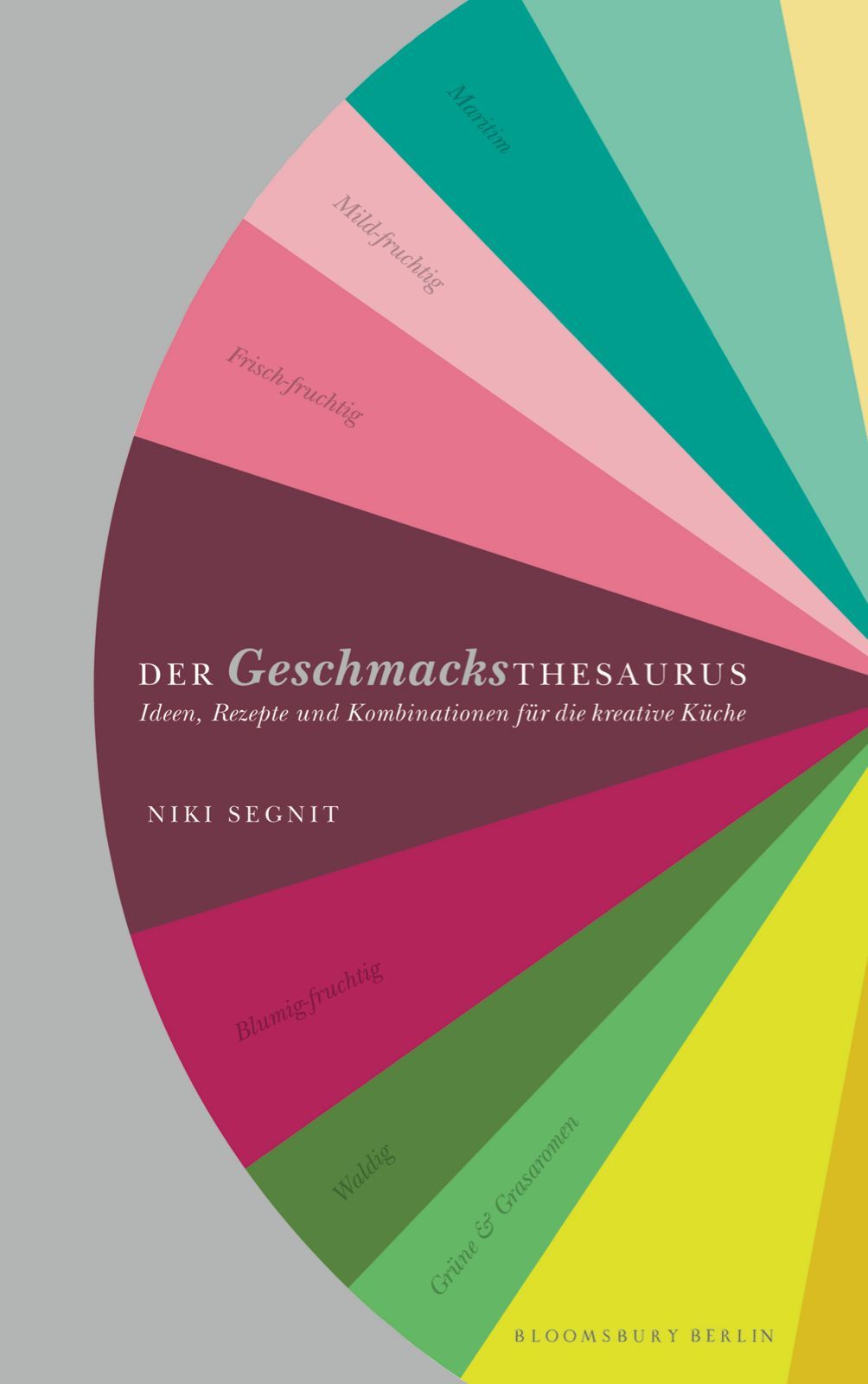 Buchcover mit farbigem Design. Titel: Der Geschmacksthesaurus. Autor: Niki Segnit. Verlag: Bloomsbury Berlin. Farbspektrum mit Begriffen wie 'Mild-fruchtig'.