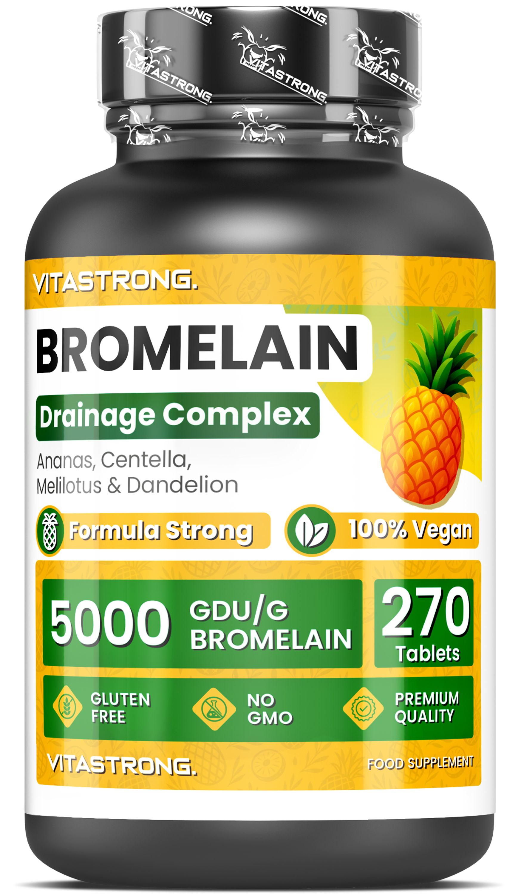 Vitastrong Bromelina Forte 5000GDU - 270 Compresse con Tarassaco, Drenante, Microcircolo e Cellulite