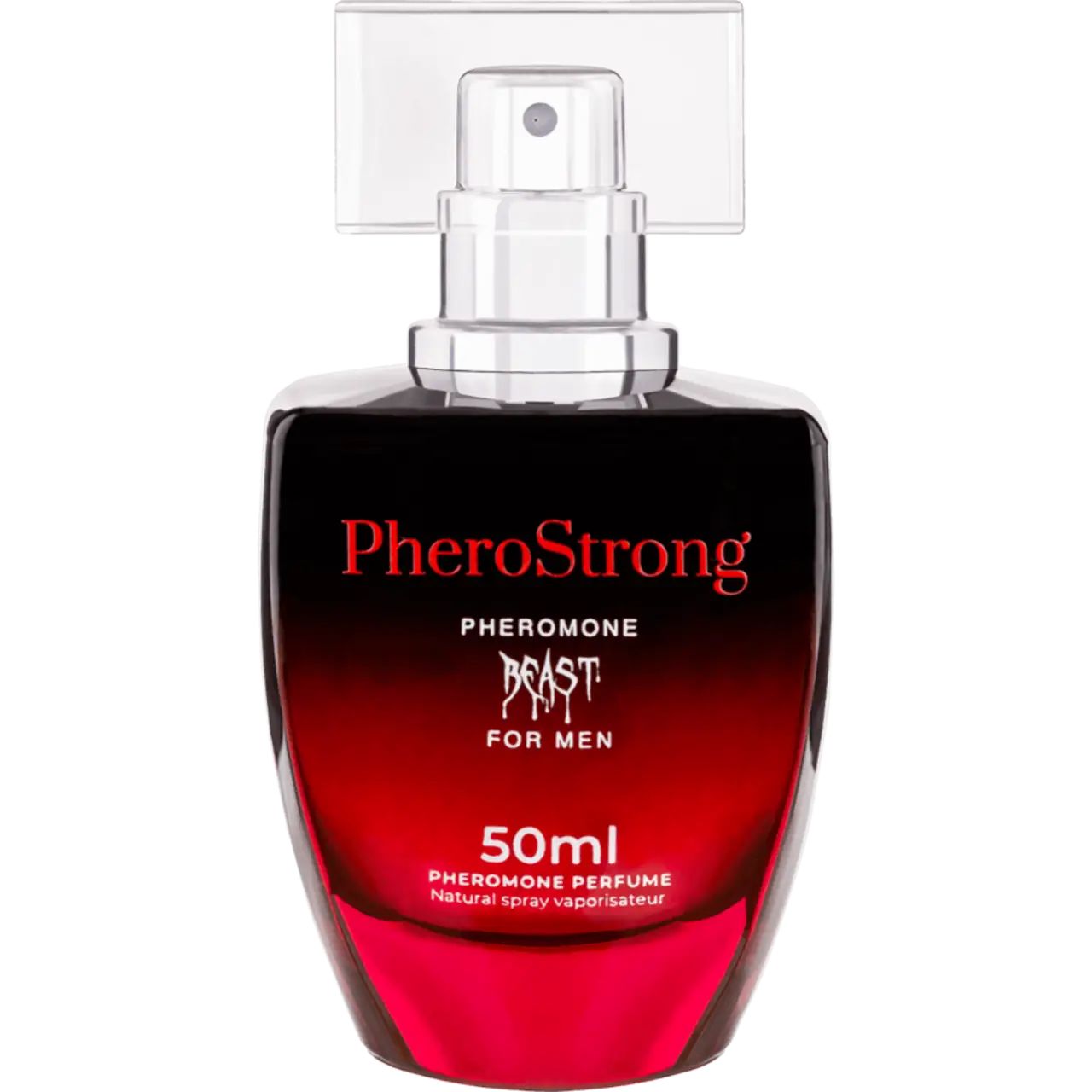 Parfümflakon. Schwarzes Glas, roter Farbverlauf. Aufschrift PheroStrong, Beast for Men. 50ml.