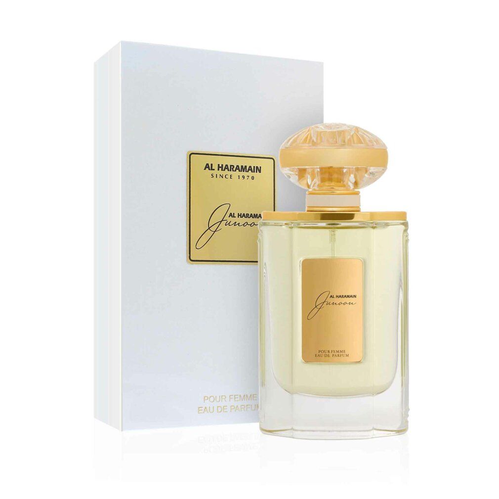 Parfumflakon und weiße Schachtel. Flakon mit goldfarbenem Verschluss und Etikett. Aufschrift "AL HARAMAIN" und "Junoon".