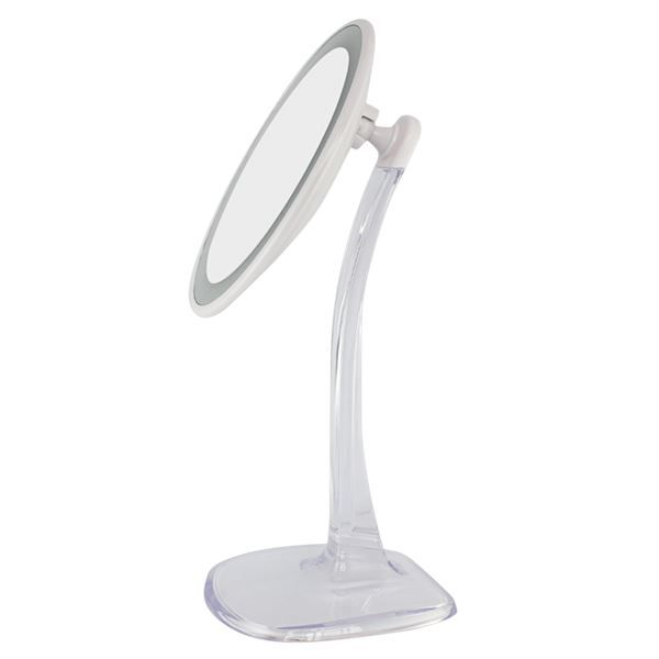 Weißer LED-Make-up-Spiegel mit Standfuß. Der Spiegel ist geneigt.