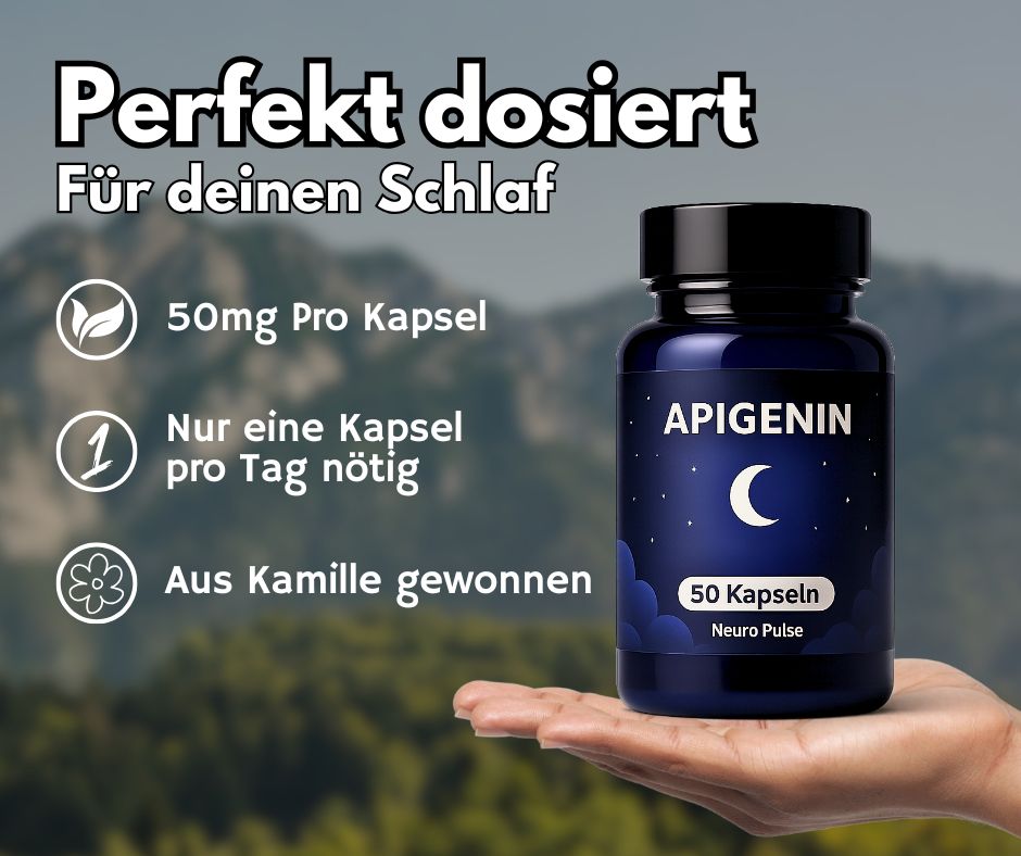 Hand hält blaue Flasche mit APIGENIN. Text: 50mg pro Kapsel, nur eine Kapsel pro Tag, aus Kamille gewonnen.