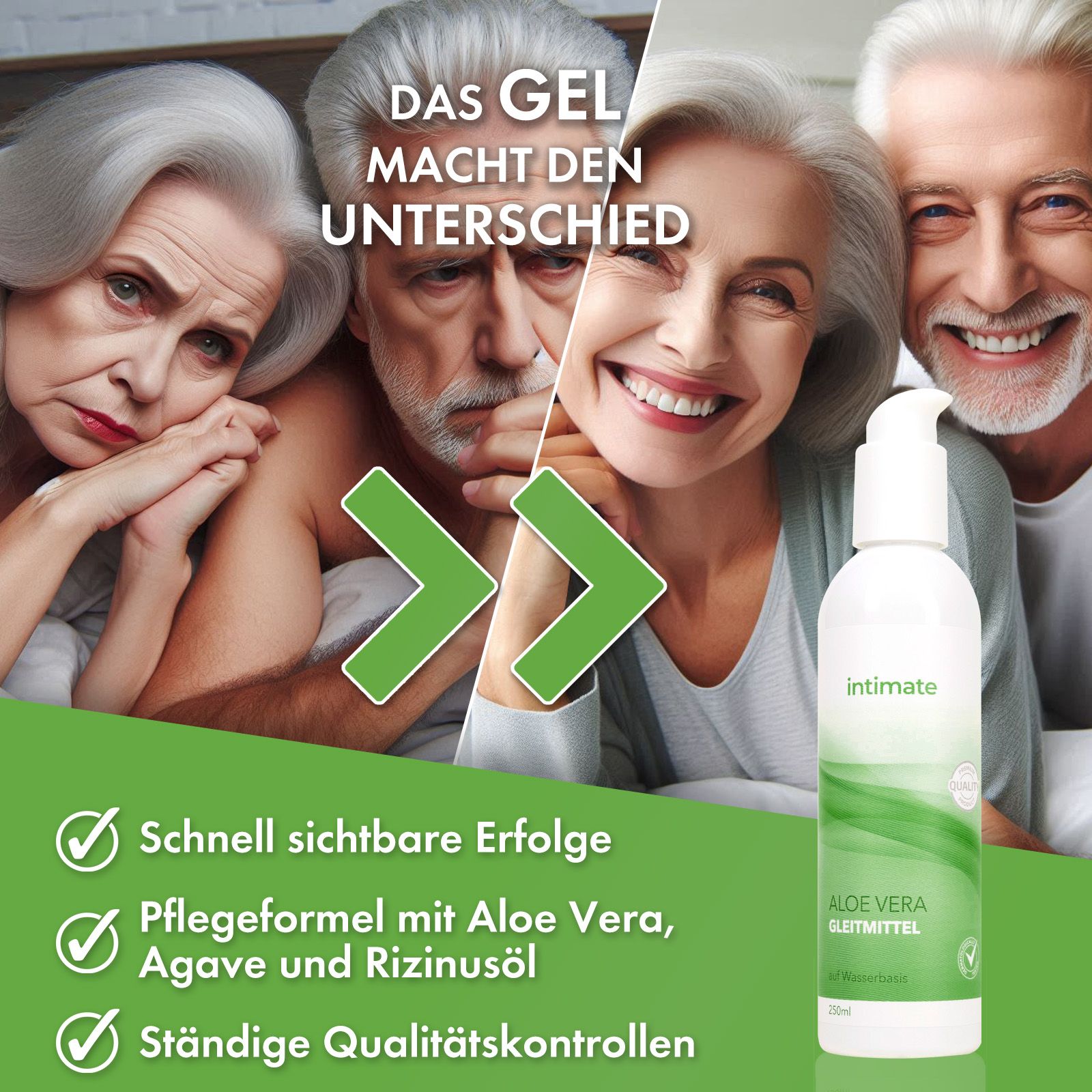 Vorher/Nachher-Darstellung: Älteres Paar mit INTIMATE Aloe Vera Gleitmittel.