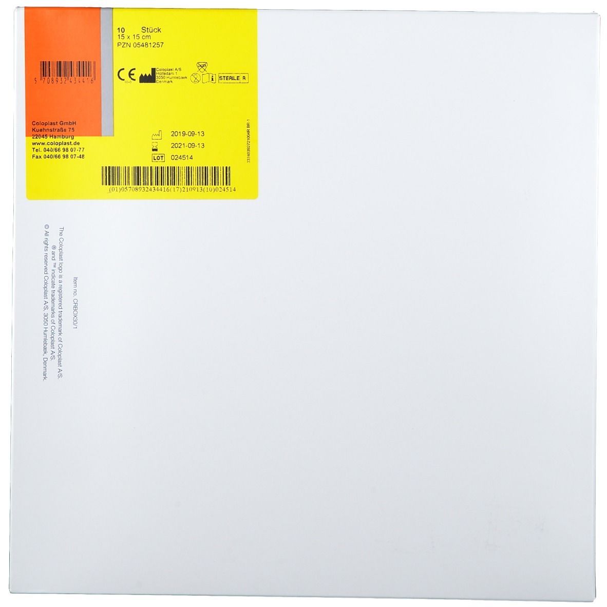Verpackung mit gelbem Etikett. Enthält Informationen wie Chargennummer, Verfallsdatum und Sterilitätshinweis. Barcode und CE-Kennzeichnung.