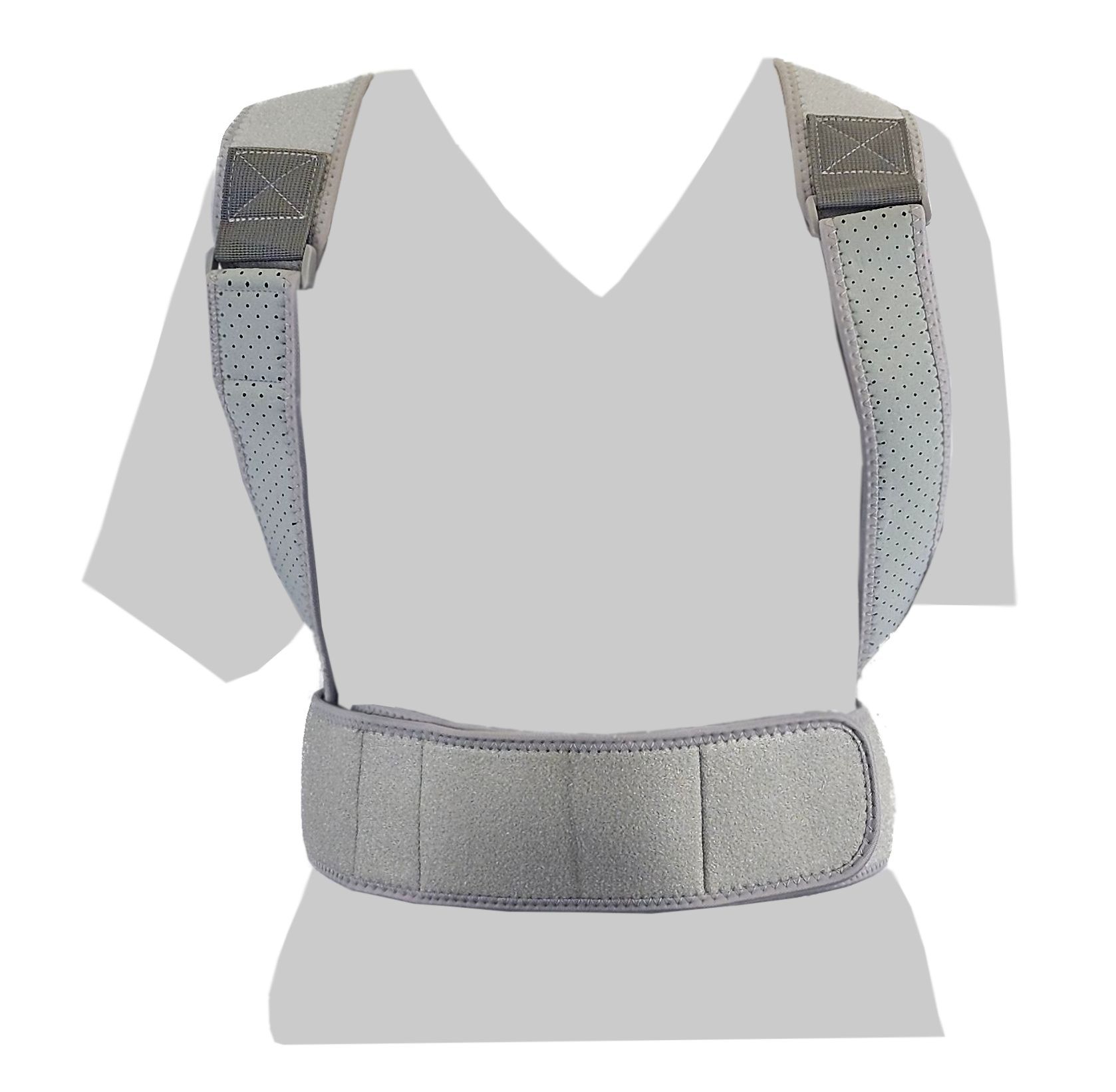 Graue Rückenstütze mit Schultergurten und Hüftgurt. Perforiertes Material.