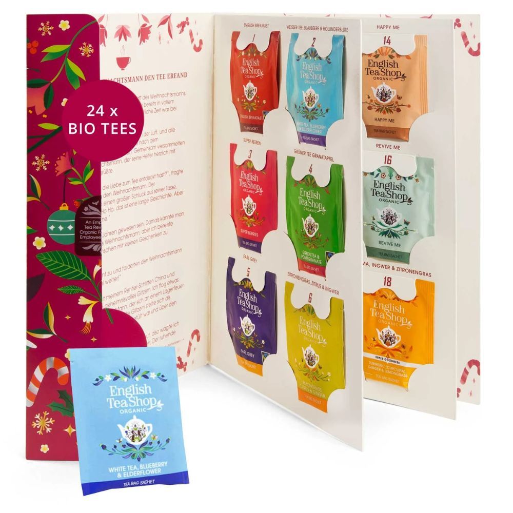 Tee-Adventskalender geöffnet. Zeigt 24 Teebeutel. Einzelner Teebeutel daneben. BIO-Siegel.