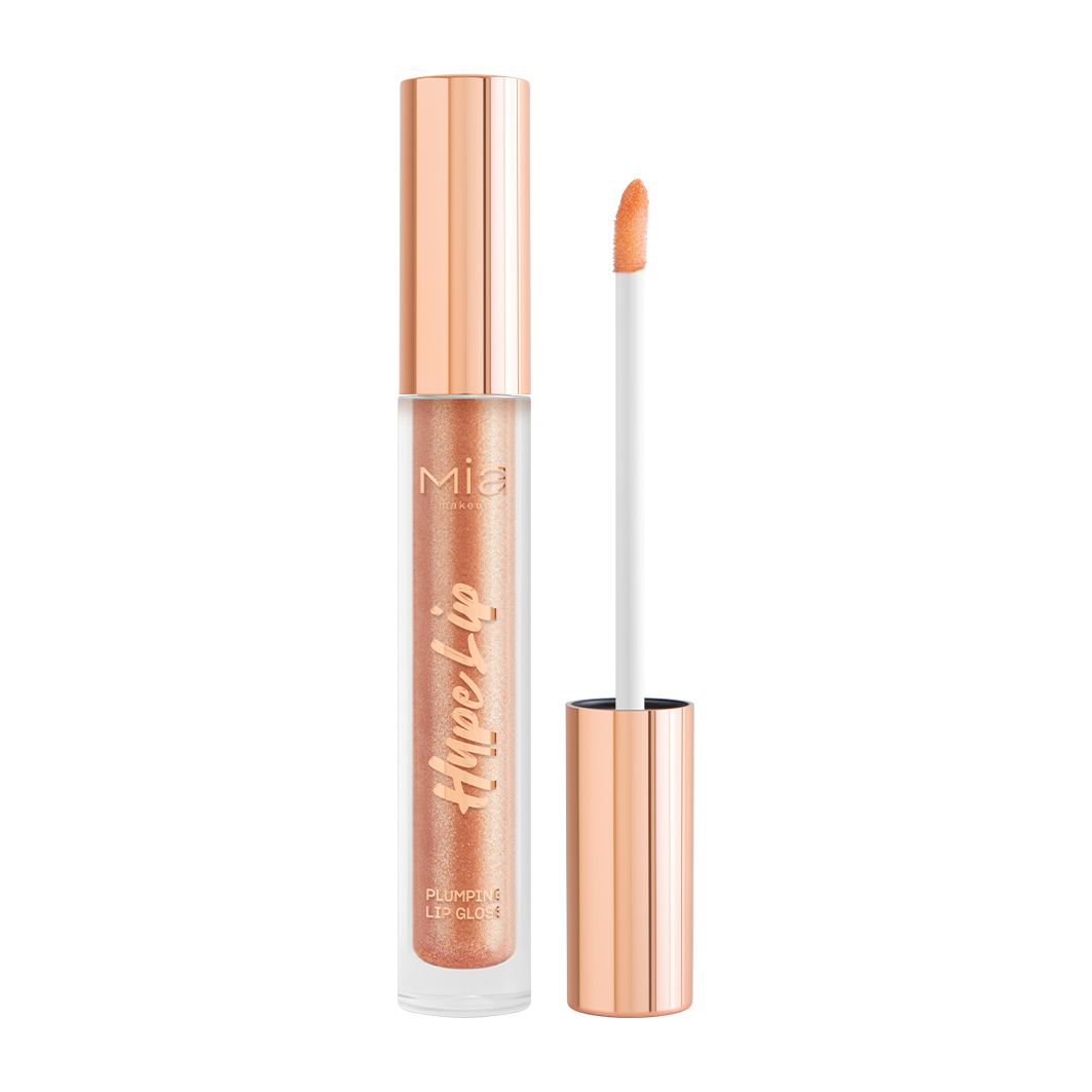 Lucidalabbra Mia Make-up Hype. Tubo trasparente con tappo oro rosa. Applicatore visibile. Nome del prodotto e marchio stampati.