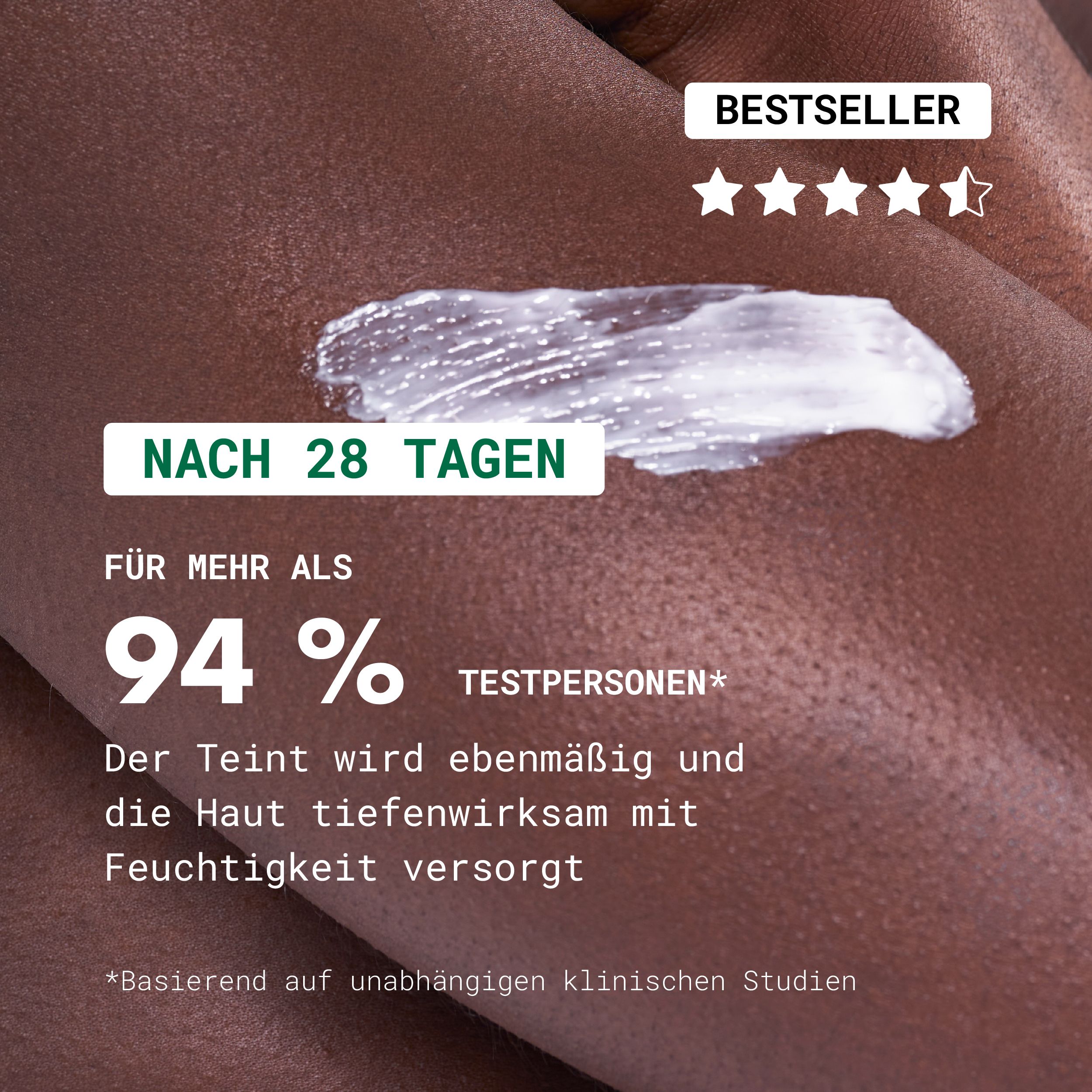 Person zeigt Haut mit Creme. Text: Nach 28 Tagen, für mehr als 94% der Testpersonen.