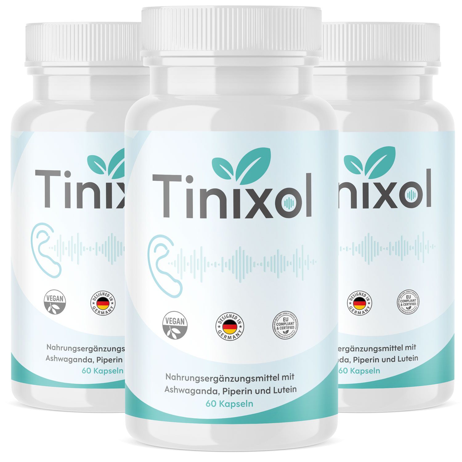 Drei weiße Flaschen mit dem Produktnamen und Logo. Aufschrift: Nahrungsergänzungsmittel mit Ashwaganda, Piperin und Lutein. 60 Kapseln. Vegan.
