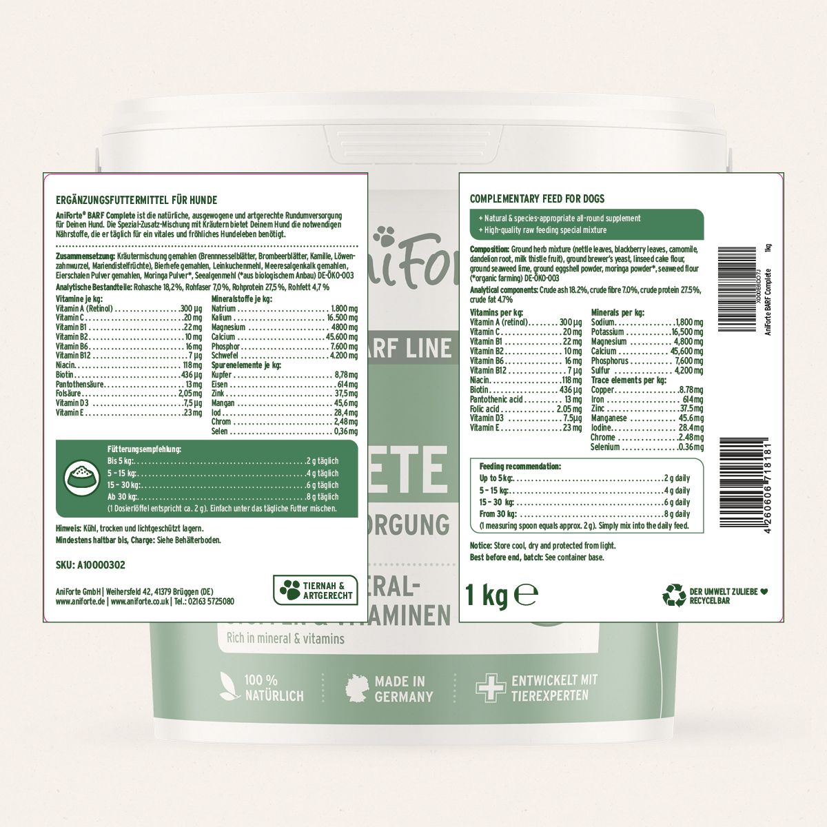Produktetikett mit Informationen zu Inhaltsstoffen, Fütterungsempfehlung und Nährwertanalyse. 1 kg Packung.