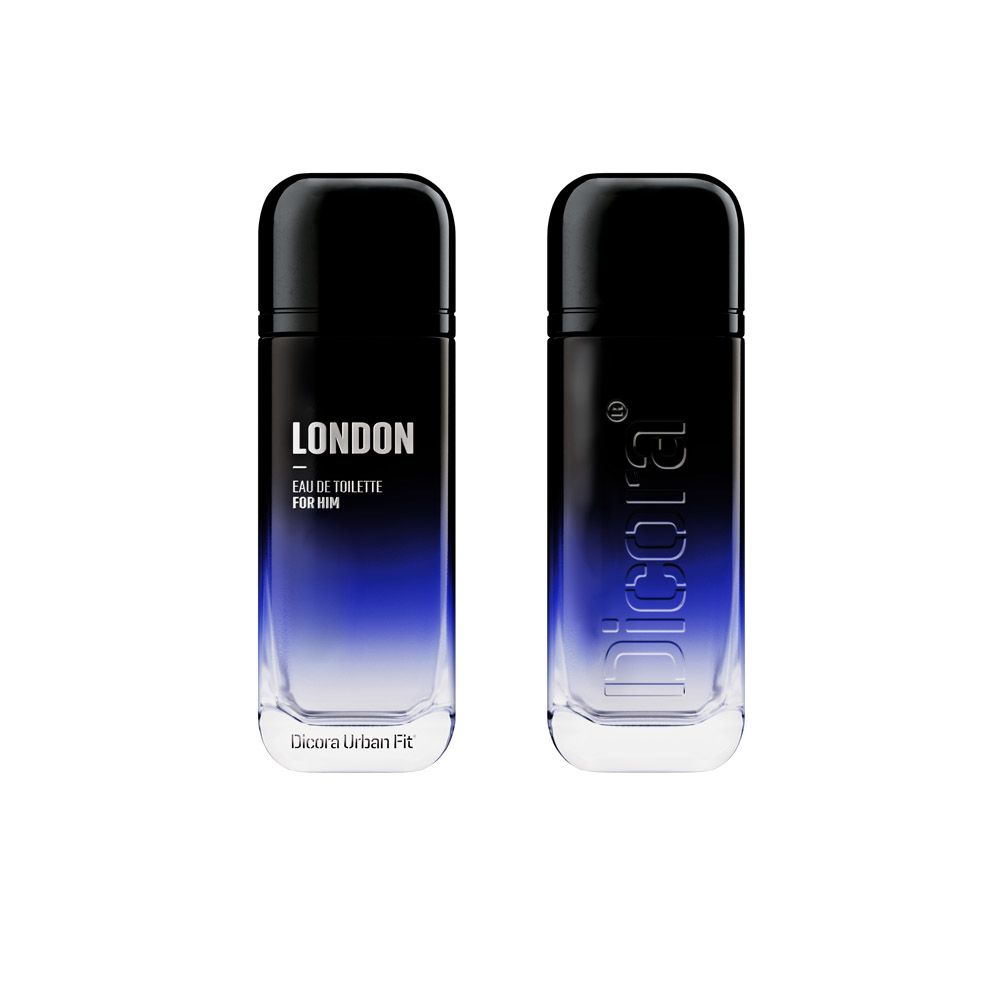 Zwei Flakons Eau de Toilette. Schwarzer Deckel, blauer Farbverlauf, weißer Schriftzug: LONDON, Eau de Toilette für Ihn. Dicora Urban Fit.