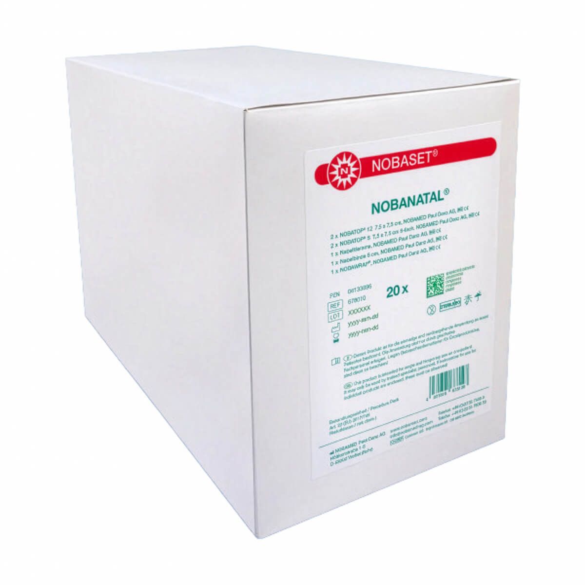 Karton mit NOBASET NOBANATAL. Enthält 20 Sets. Produktinformationen und Chargennummer auf der Verpackung.