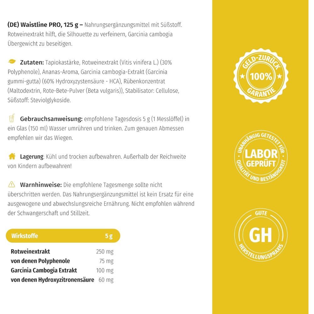 Etikett mit Inhaltsstoffen und Anwendungshinweisen. Enthält Roter Weinextrakt, Garcinia Cambogia. Laborgeprüft, BPP.