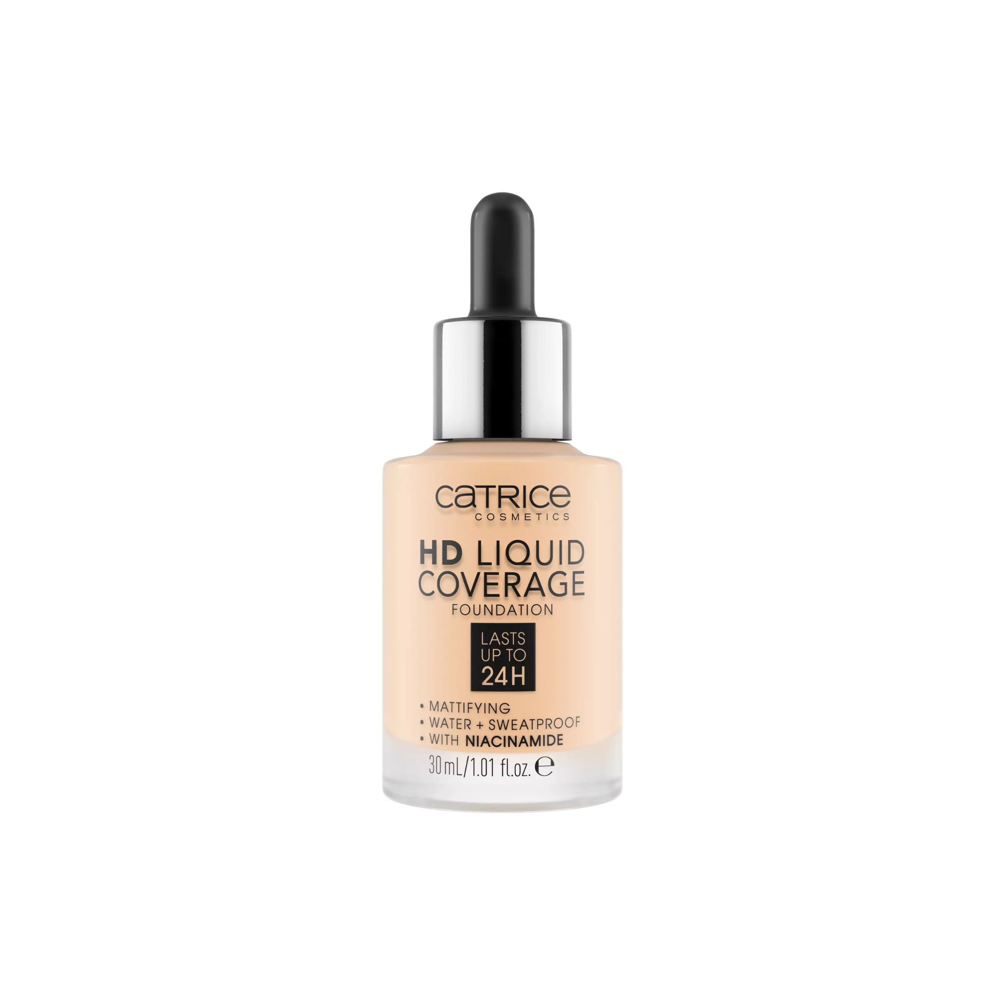 Fond de teint liquide Catrice HD Coverage, Beige porcelaine. Flacon avec pipette. Texte: Matifiant, résistant à l'eau, avec niacinamide.