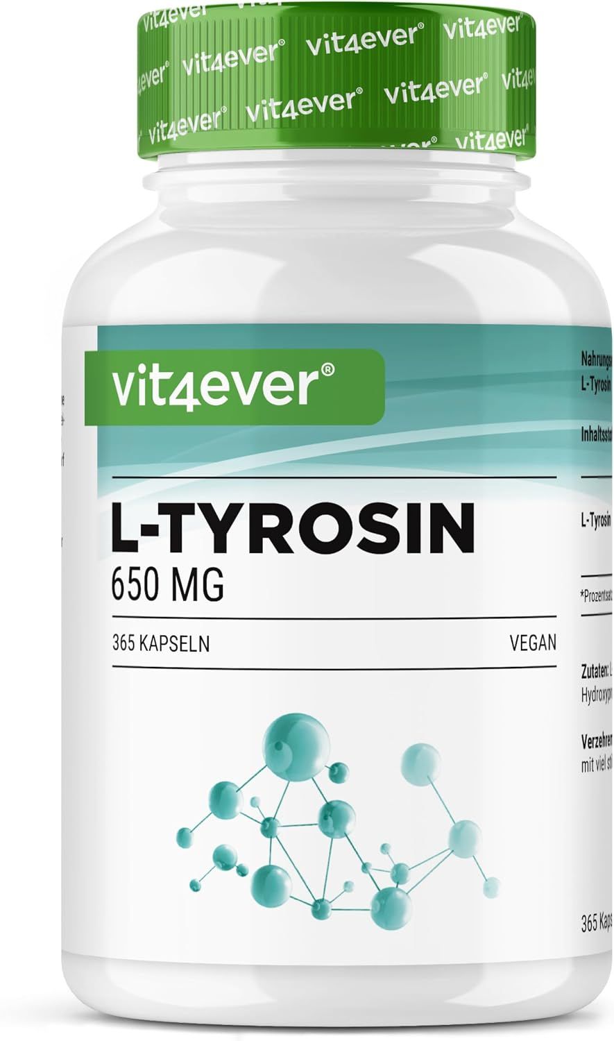 Vit4ever L-Tyrosin Kapseldose mit 650 mg pro Kapsel, 365 Kapseln, vegan.