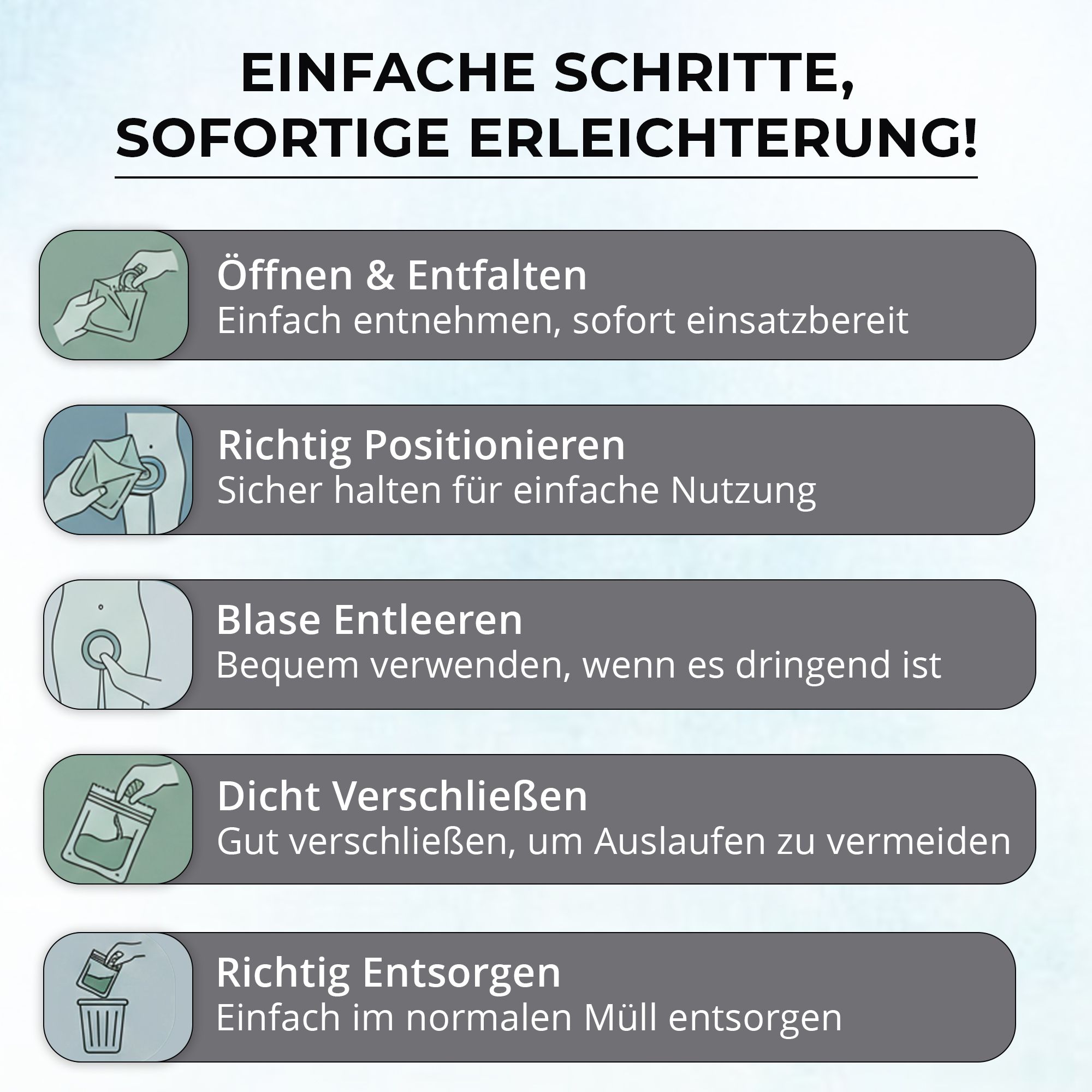 Infografik mit Schritten zur Anwendung. Text: Einfache Schritte, sofortige Erleichterung! Symbole und Text in Grautönen.