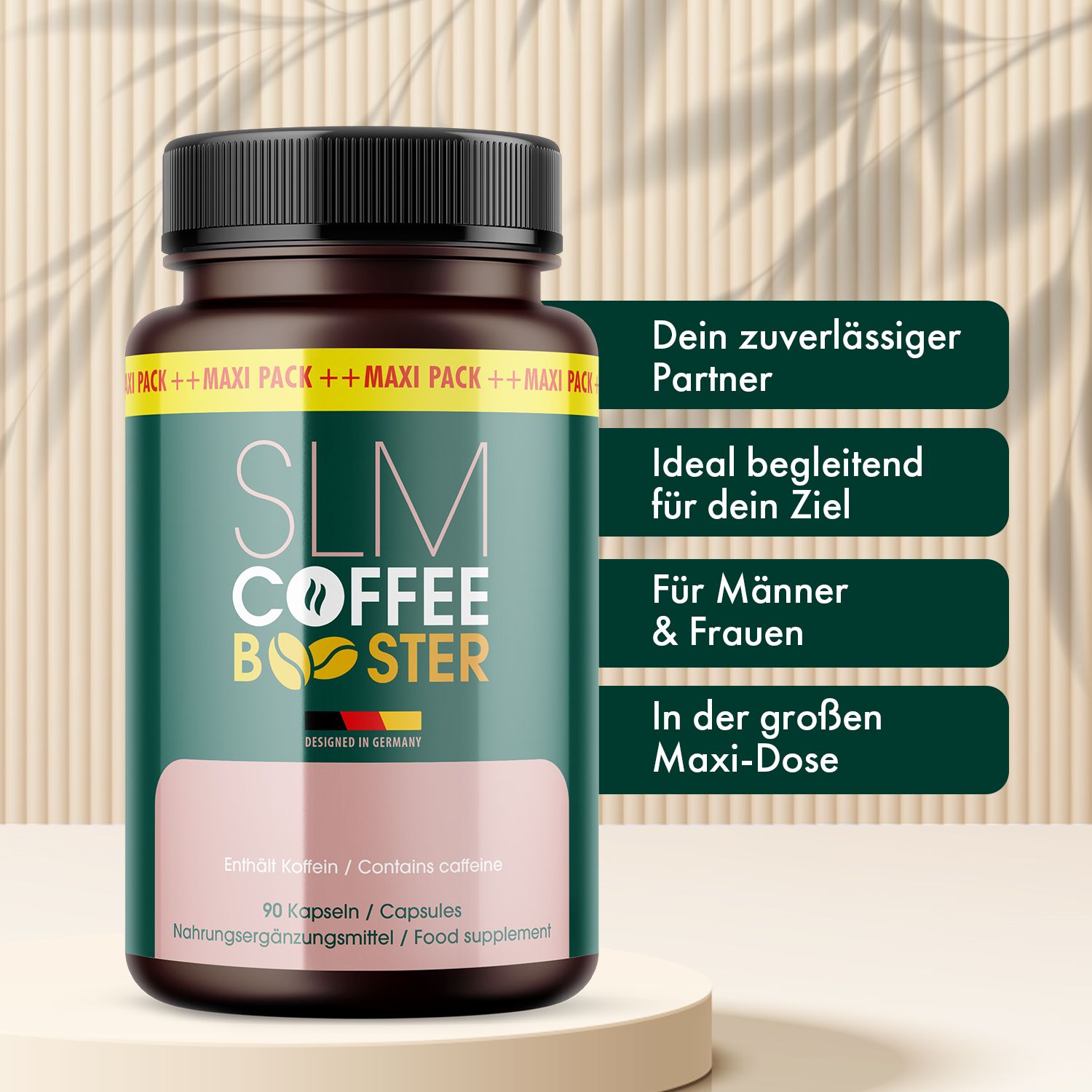 SLM Coffee Booster Kapseln in brauner Flasche, präsentiert auf einem Podest. Text hebt Vorteile hervor.