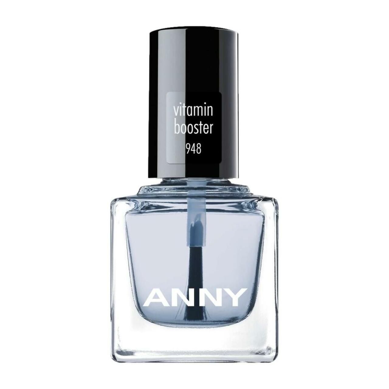 Anny Vitamin Booster. Transparente Flasche mit blauem Inhalt. Schwarzer Deckel. Aufschrift: Vitamin Booster.