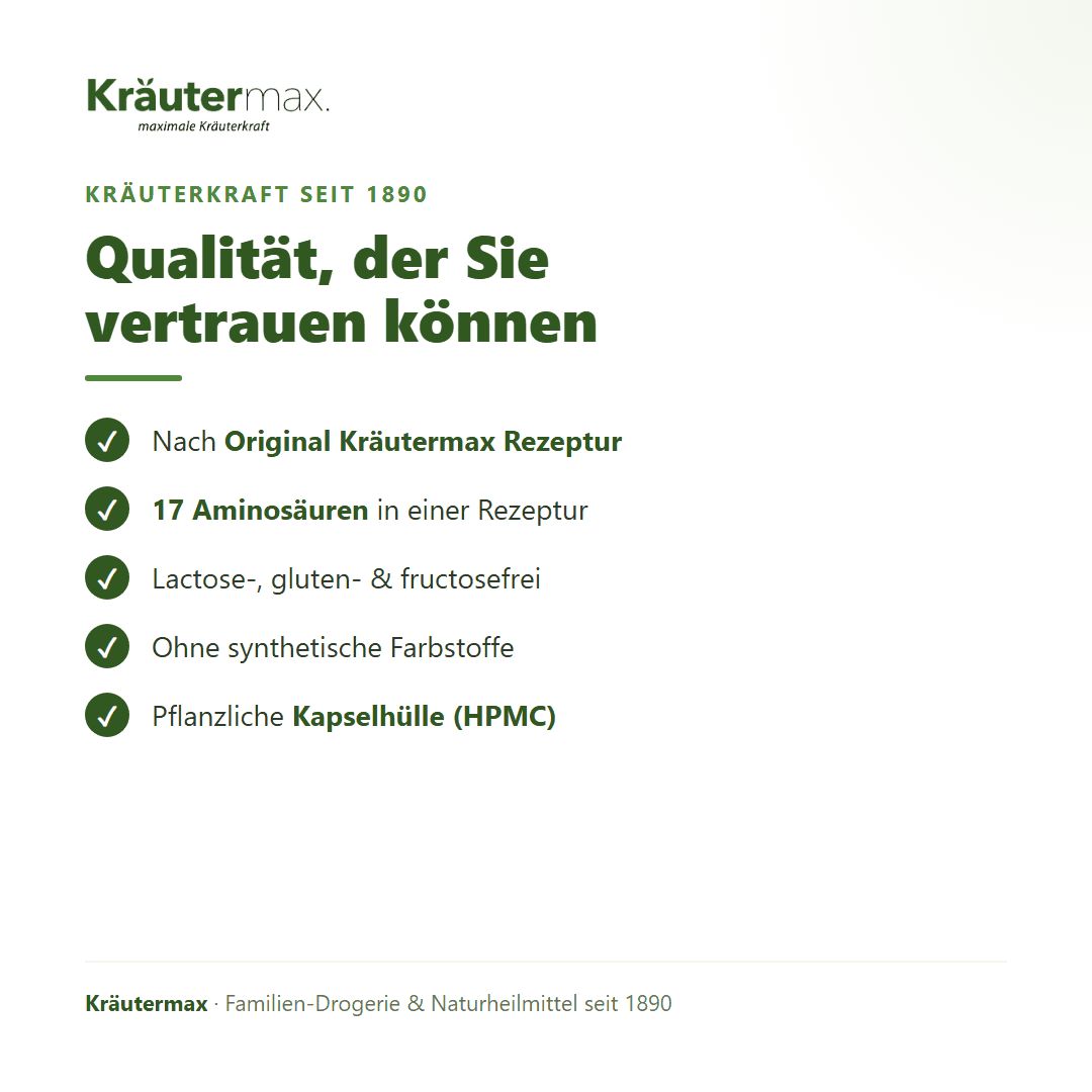 Liste von Produkteigenschaften: Nach Originalrezeptur, 17 Aminosäuren, Laktose-, glutenfrei, ohne Farbstoffe.