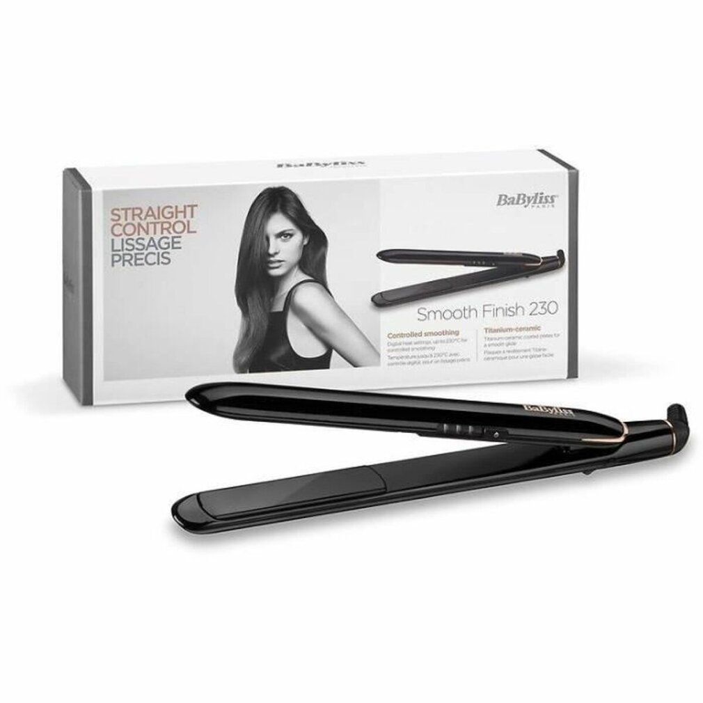 Glätteisen mit Verpackung. Schwarzes Glätteisen. Goldfarbene Akzente. Marke BaByliss. Modell Smooth Finish 230.