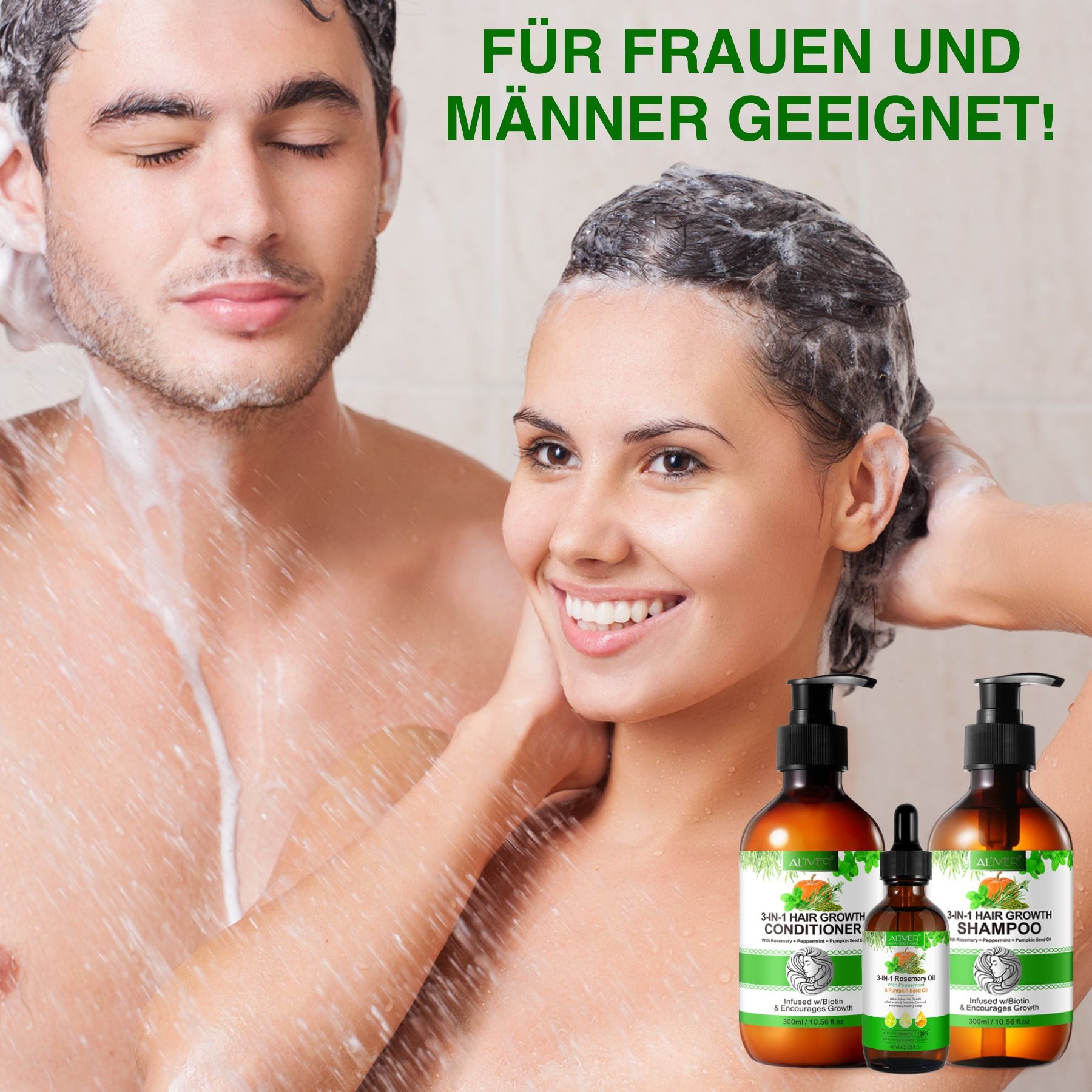 Ein Paar unter der Dusche. Drei Flaschen ALIVER Haarpflege-Set. Shampoo, Conditioner und Haaröl. Text: Für Frauen und Männer geeignet!