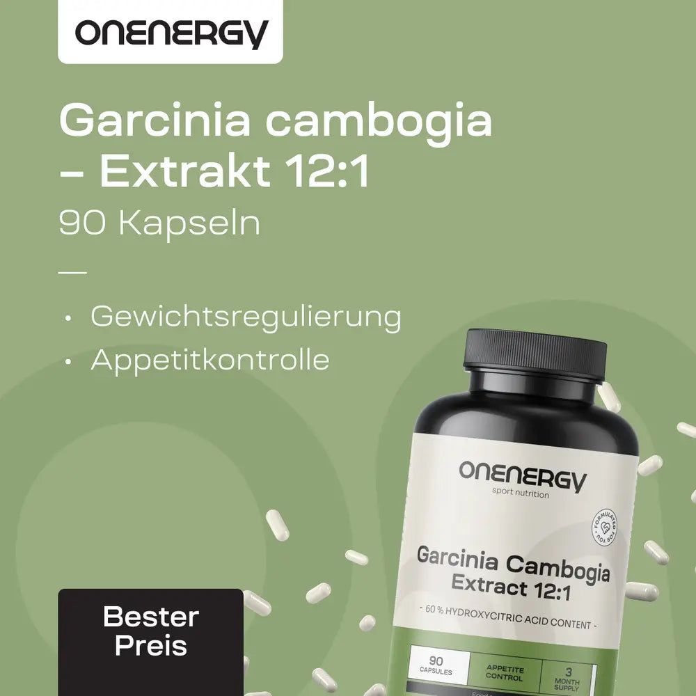 OnEnergy Garcinia Cambogia Extrakt 12:1 Flasche mit Text: 90 Kapseln, Gewichtsregulierung, Appetitkontrolle. 'Bester Preis' Banner.