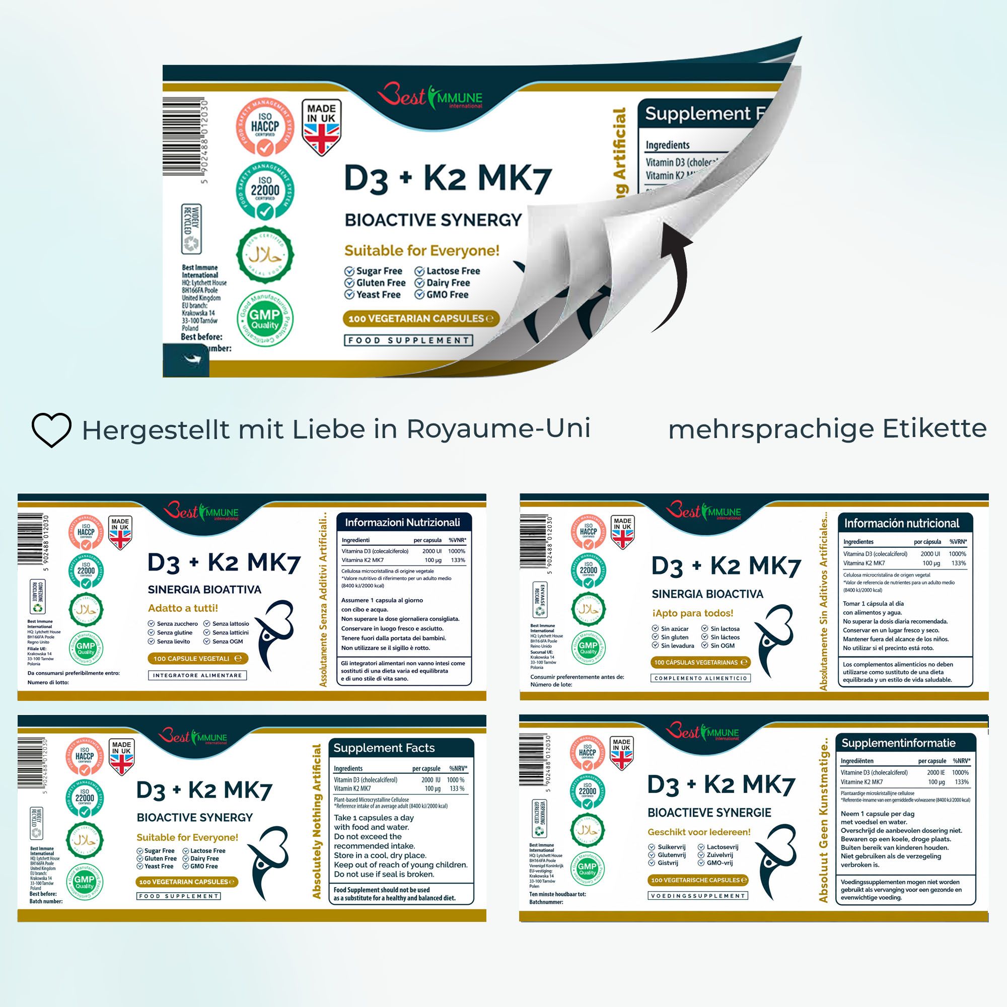 Etiketten von Best Immune D3 + K2 MK7, mehrsprachig, mit Nährwertangaben.