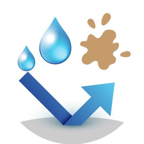 Blaues Pfeilsymbol mit Wassertropfen und braunem Fleck. Symbol für wasserabweisende Eigenschaften.