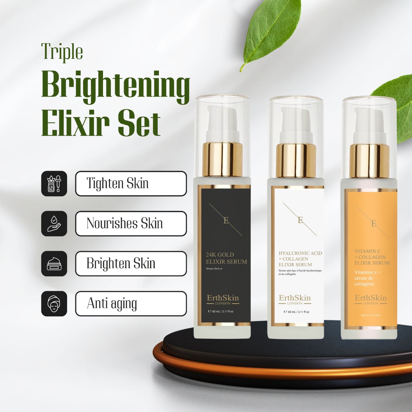 Drei Serumflaschen mit goldenen Deckeln und Etiketten. Beschriftung: 24K Gold, Hyaluronsäure + Kollagen, Vitamin C + Kollagen. Marke: ErthSkin London. Auf Podest.