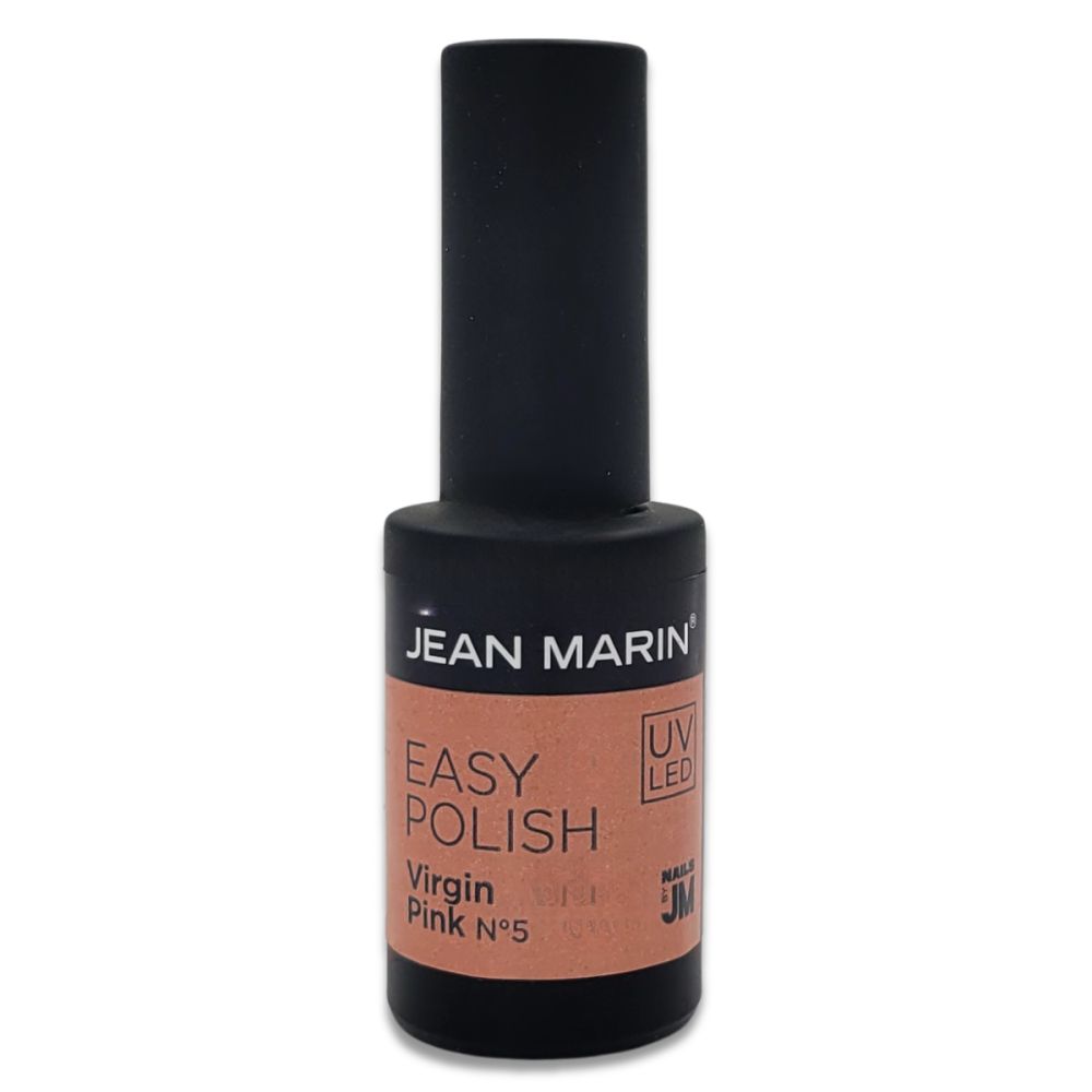 Nagellackflasche von Jean Marin. Schwarzer Deckel, rosa Inhalt. Aufschrift: Easy Polish, Virgin Pink N°5. UV LED.
