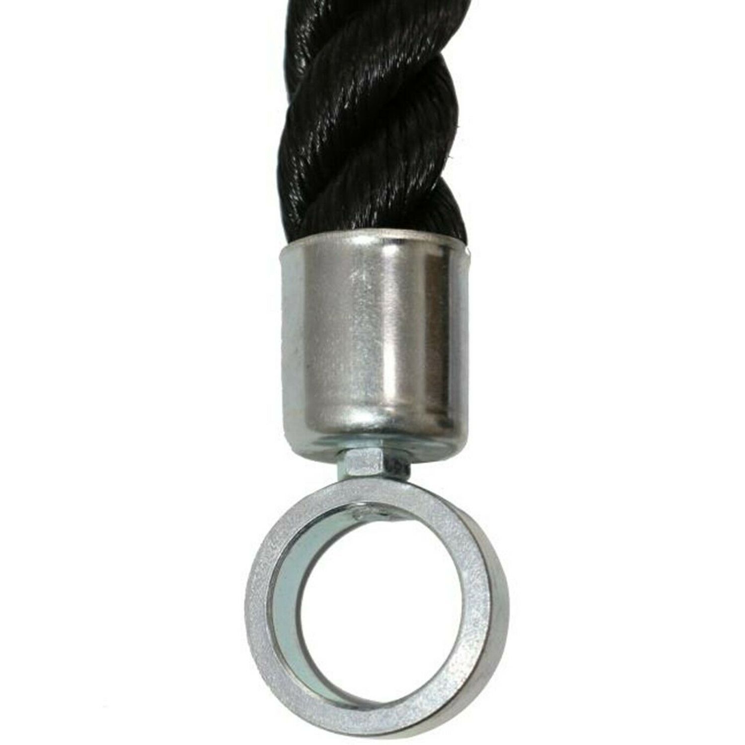 Nahaufnahme einer Metallöse mit einem schwarzen, gewellten Seil. Die Öse ist rund und silberfarben.