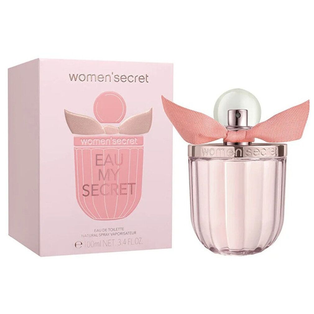 Flakon und Verpackung. Flakon mit rosa Schleife. Verpackung mit Logo und Schriftzug "EAU MY SECRET".