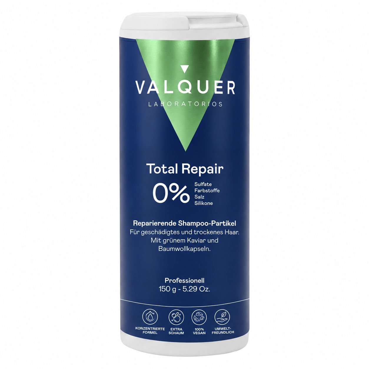 Dunkelblaue Flasche "Total Repair" Shampoo mit grünem Dreieck-Logo, 400ml.