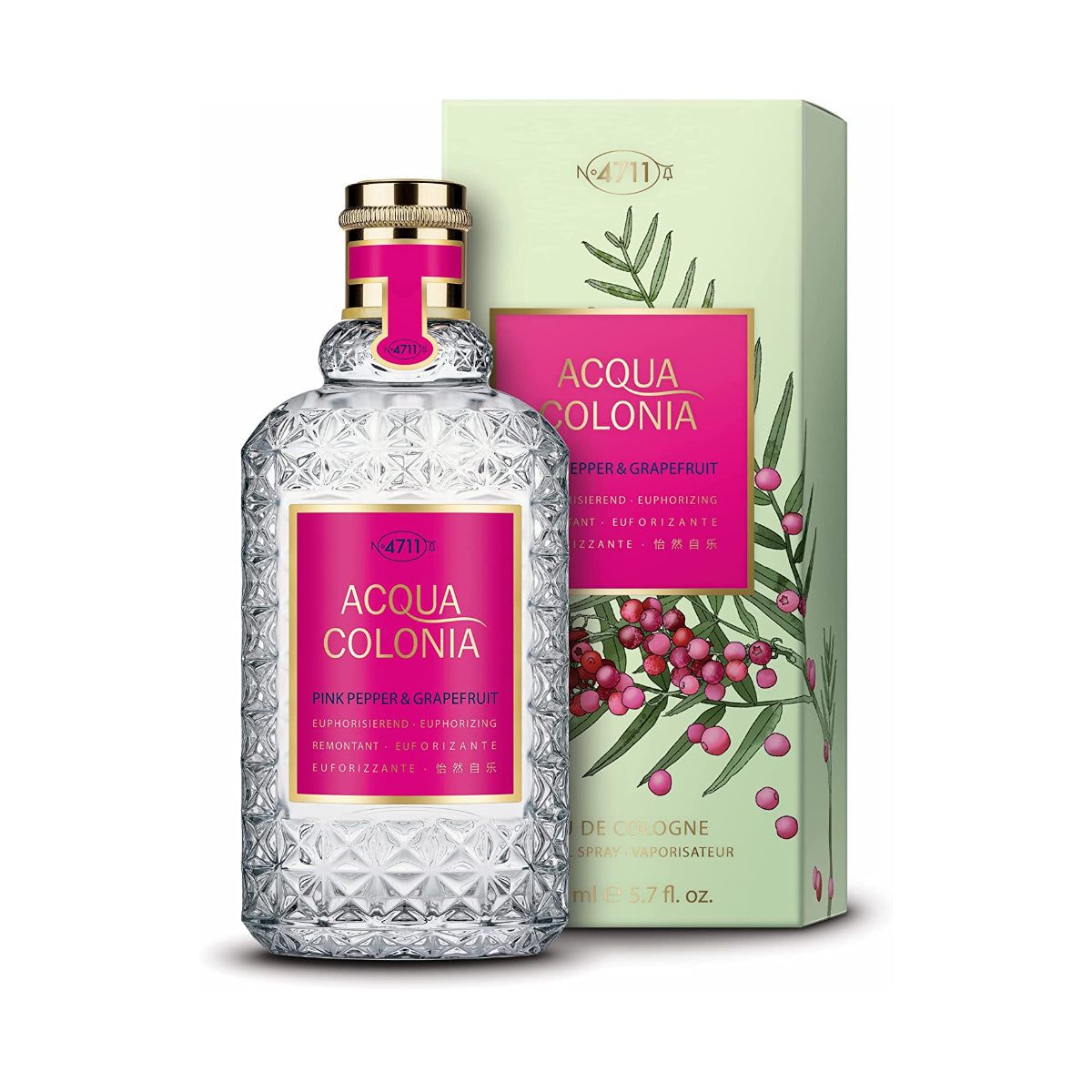 Glasflakon mit rosa Etikett. Aufschrift: Acqua Colonia. Daneben Schachtel mit rosa Etikett und Zweig mit Beeren.