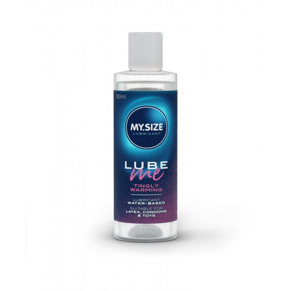 Klarflüssiges Gleitmittel in einer Flasche mit weißem Deckel. Aufschrift: MY.SIZE, LUBE me, Tingly Warming.