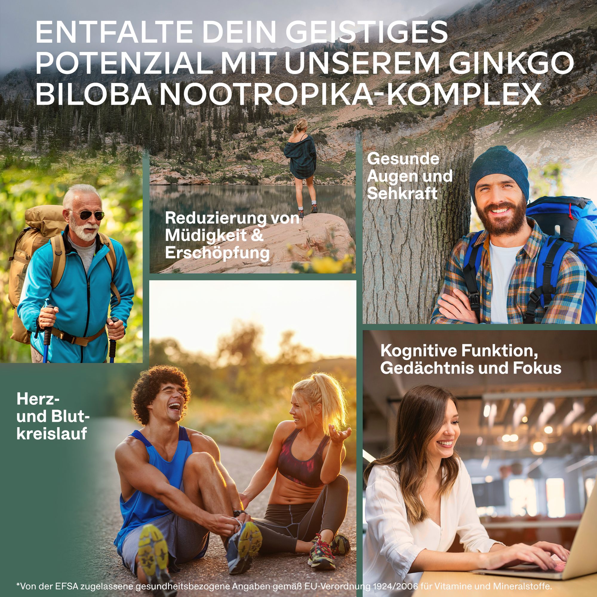 Collage mit Menschen. Enthält Bilder von Menschen in verschiedenen Situationen. Ginkgo Biloba Nootropika-Komplex.