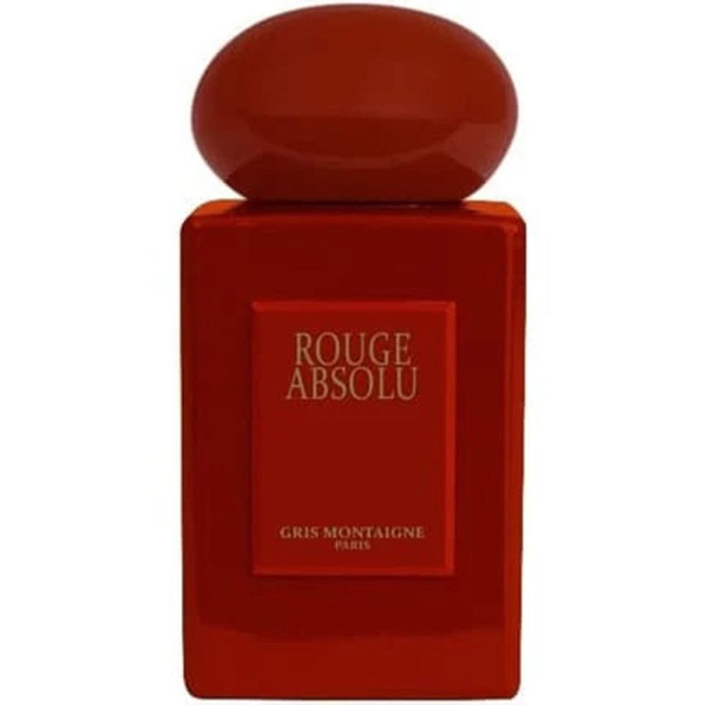 Roter Flakon mit Kappe. Aufschrift: Rouge Absolu, Gris Montaigne Paris.