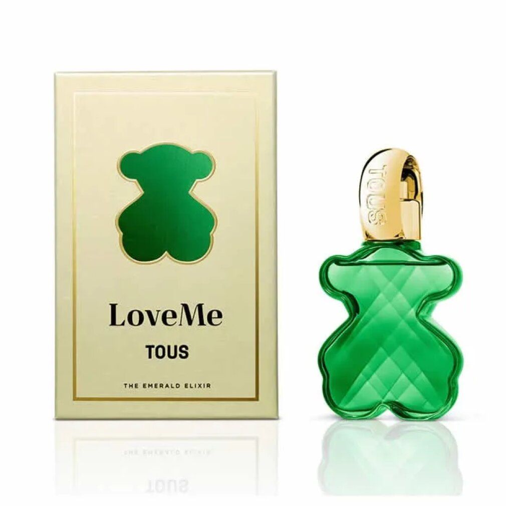Grüner Flakon in Bärenform neben einer rechteckigen Verpackung. Auf der Verpackung steht "LoveMe TOUS THE EMERALD ELIXIR".