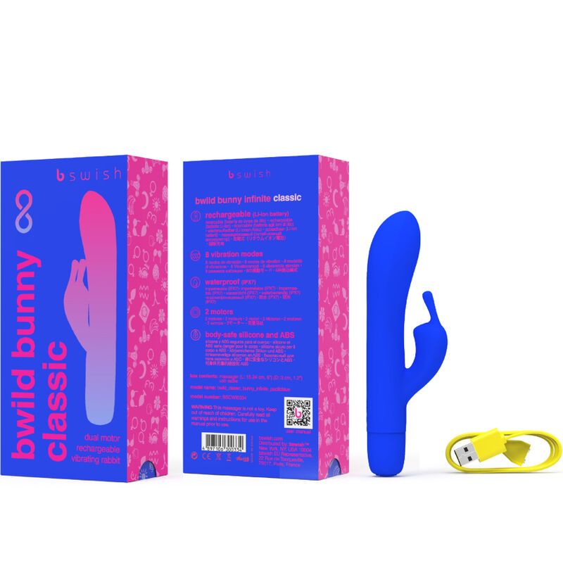 Blauer Vibrator mit G-Punkt- und Klitorisstimulation, gelbes Ladekabel. Verpackung mit Produktname und Logo.