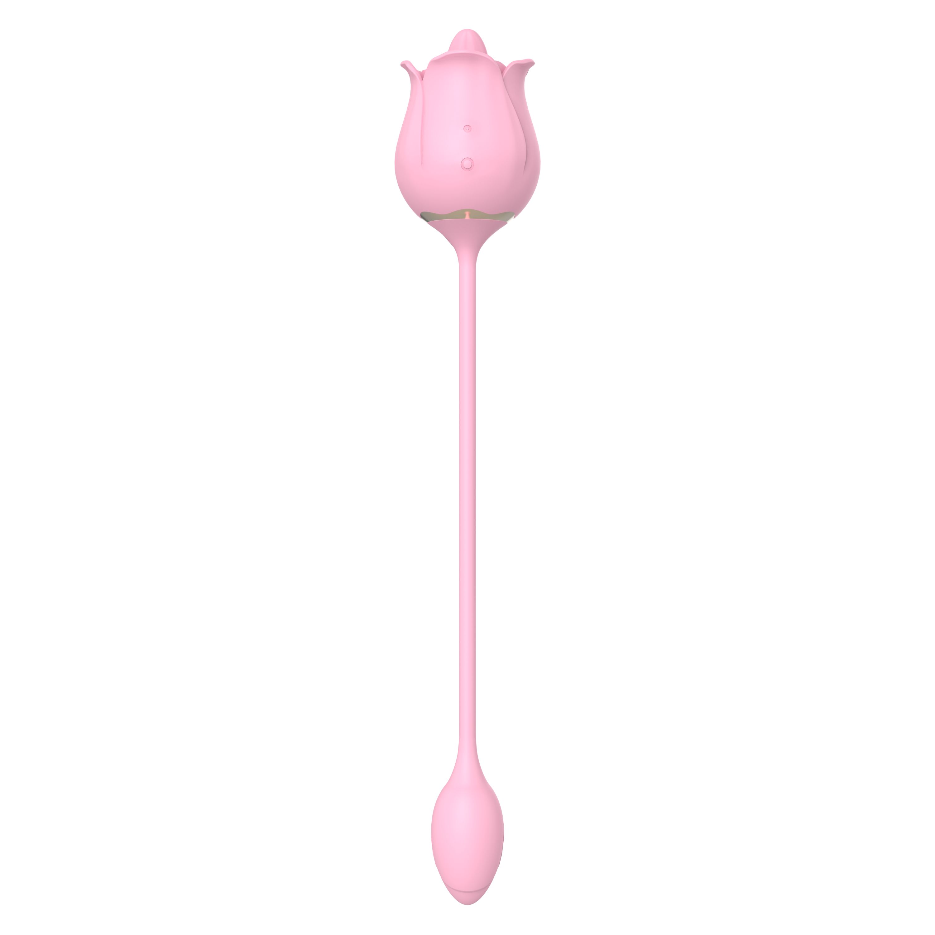 Rosa Vibrator in Rosenform mit langem Stiel und Tropfenform. Aus Silikon.