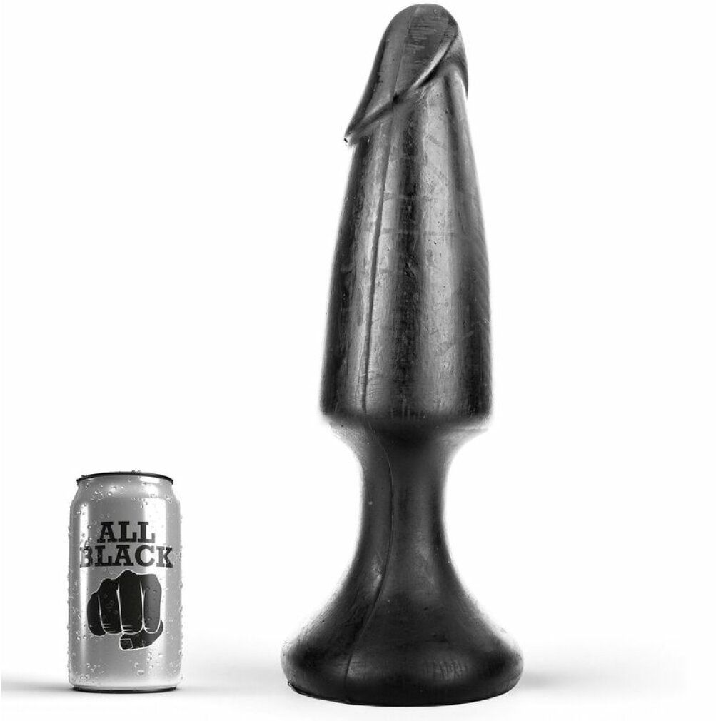 Schwarzer Analdildo neben einer Dose mit "ALL BLACK" Aufschrift und Faust-Logo.
