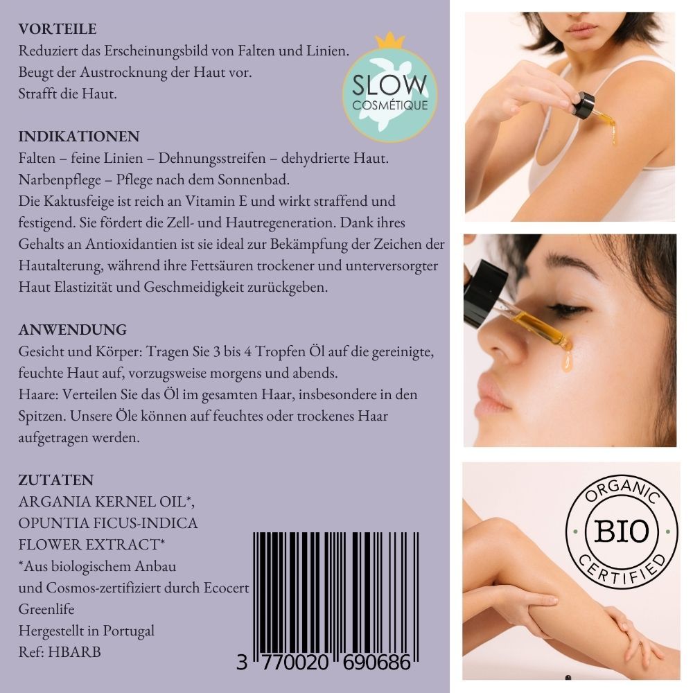Produktbeschreibung mit Text: Vorteile, Indikationen, Anwendung, Zutaten. Bio-Zertifizierung. Bilder: Anwendung.