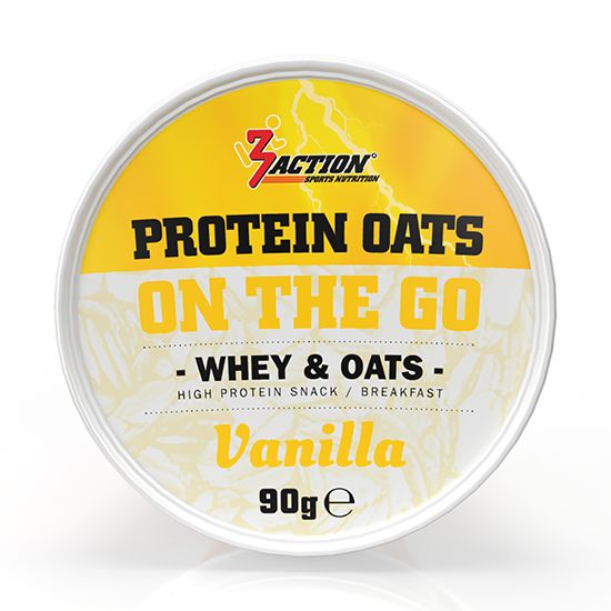 Runder Behälter mit gelbem Deckel. Aufschrift: Protein Oats, Whey & Oats, Vanilla. 90g.