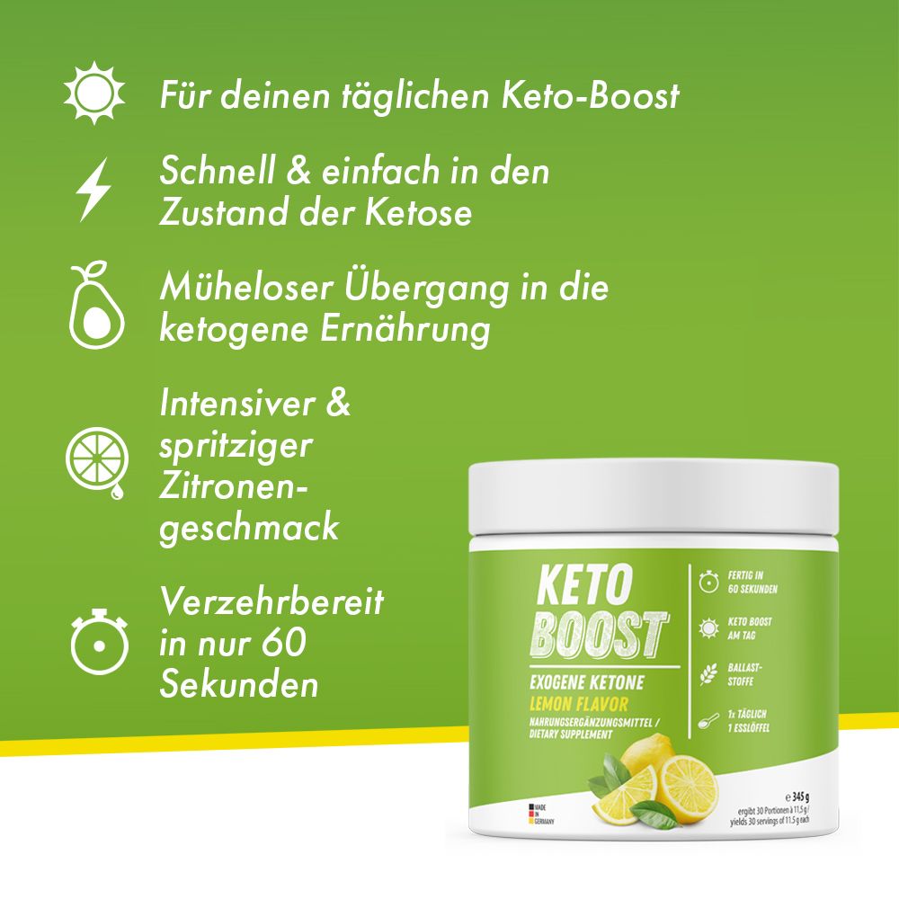 Produktglas mit grünem Etikett. Aufschrift: KETO BOOST, Lemon Flavor. Text: Für deinen täglichen Keto-Boost. Weitere Texte und Icons.