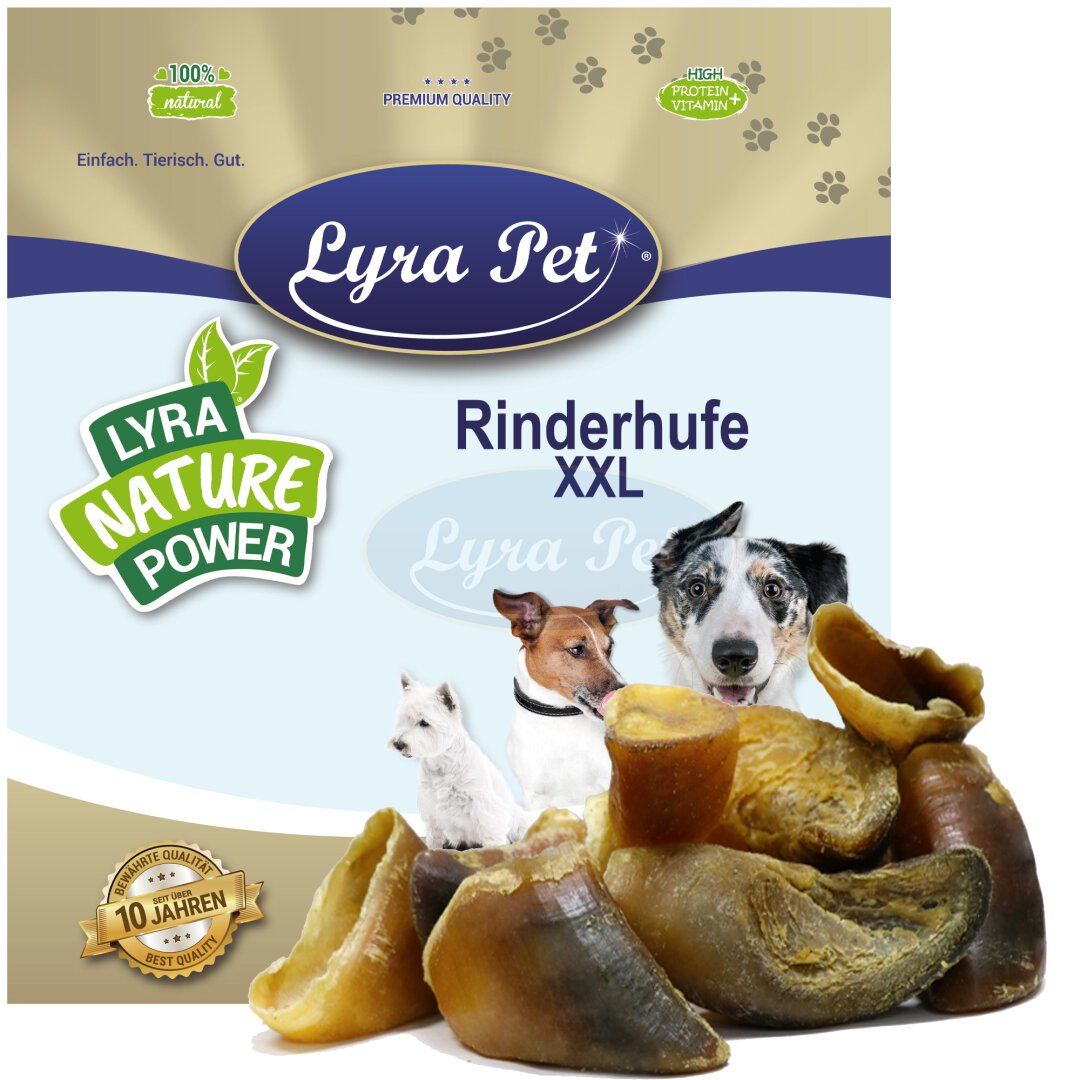 Lyra Pet Rinderhufe XXL. Mehrere Rinderhufe auf Packung mit Hundeabbildungen. Logo und Schriftzüge: Lyra Pet, Nature Power, Premium Qualität.