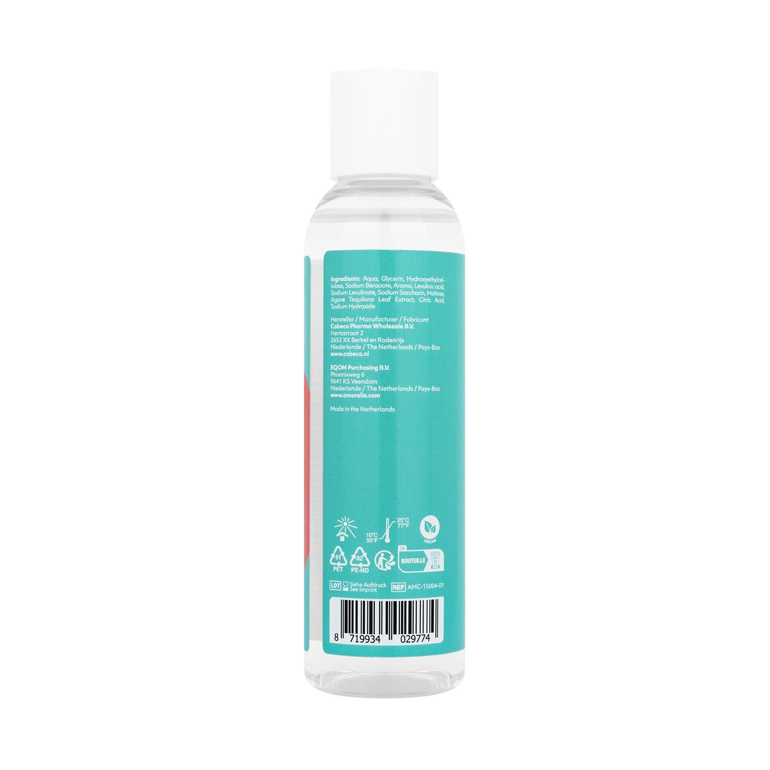 Dos d'un flacon transparent avec bouchon blanc. Inscription: AMORELIE care. Code-barres et symboles.