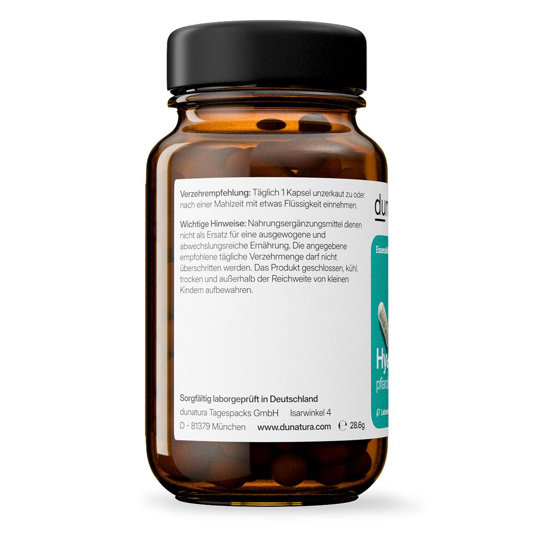 Rückseite der braunen Glasflasche. Etikett mit Produktinformationen. Text: Verzehrempfehlung, wichtige Hinweise, dunatura.