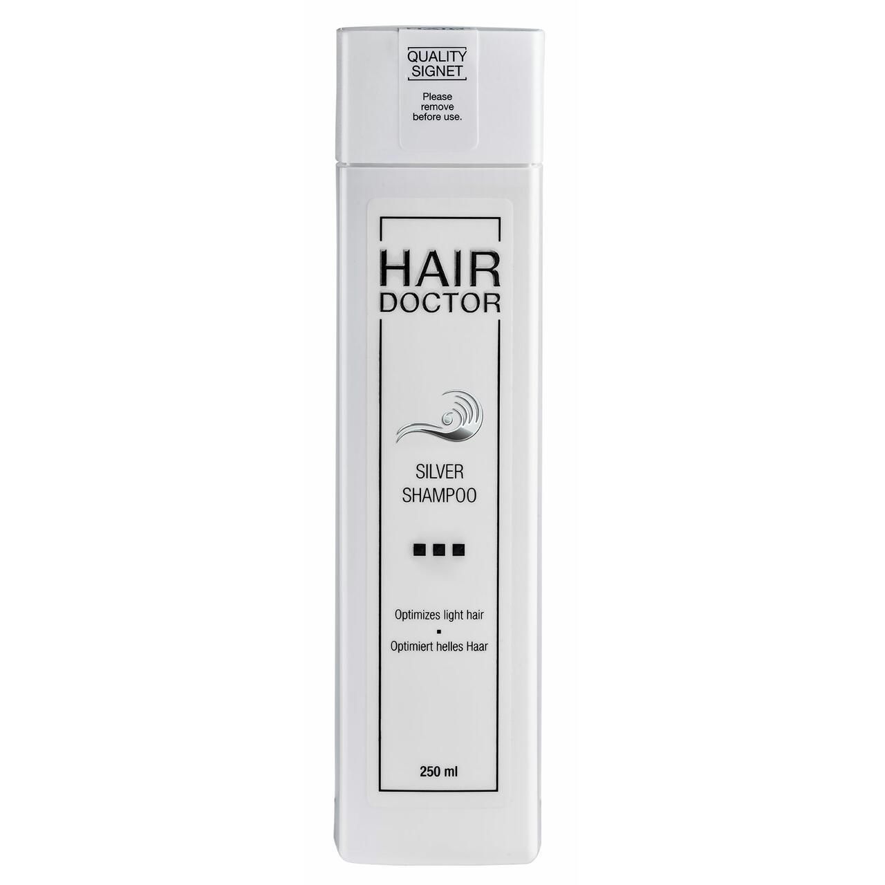 Weißes Shampoo-Fläschchen mit schwarzer Schrift. Aufschrift: HAIR DOCTOR Silver Shampoo. Oben: Qualitätszeichen. Unten: 250 ml.
